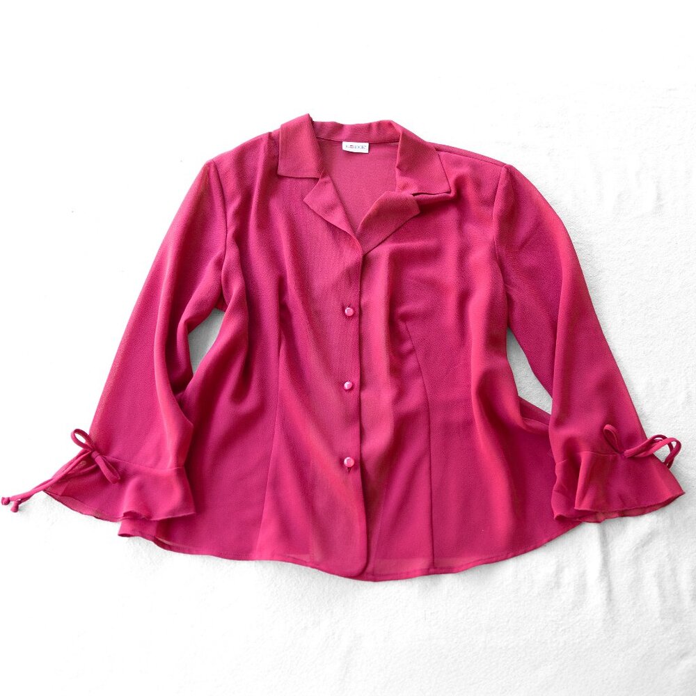 Vintage 90s Sheer Hot Pink Button Down Blouse | Coquette Barbiecore Y2k